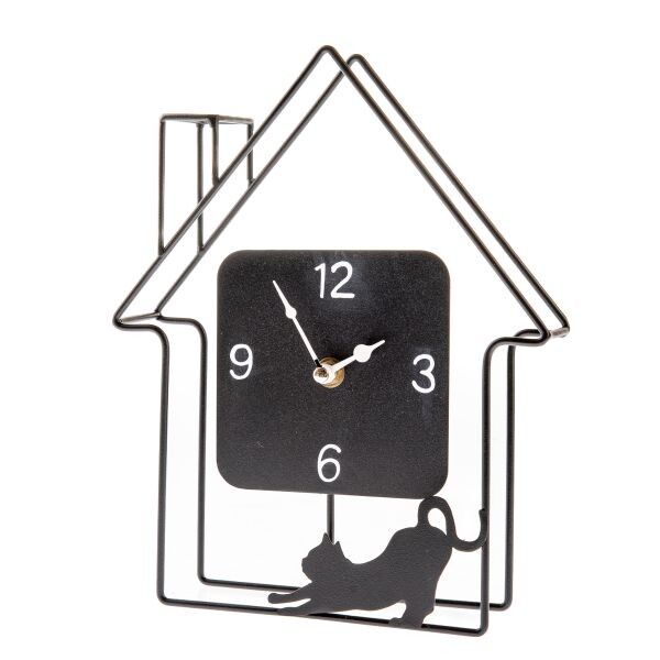 Kovové hodiny s mačkou v domčeku