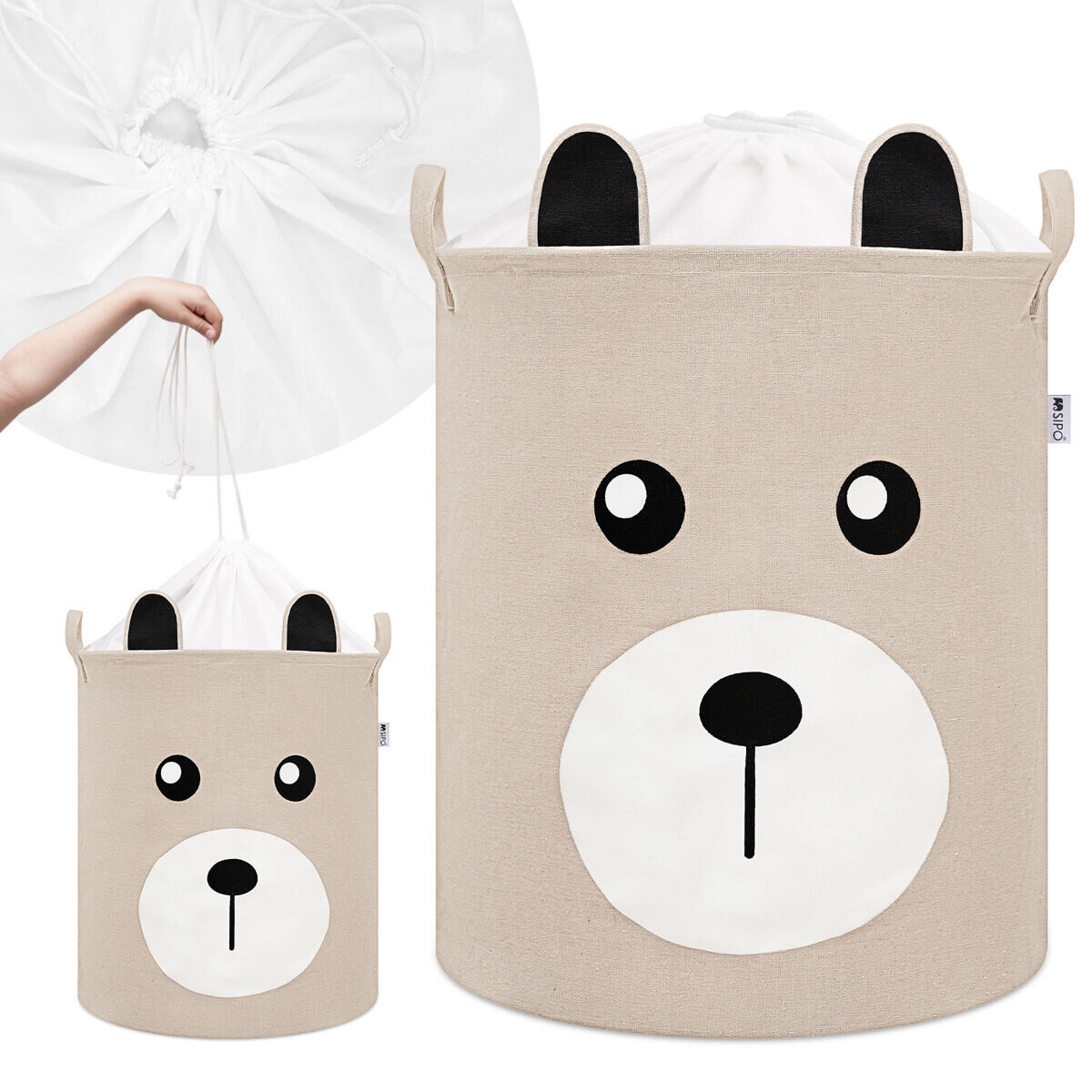 Sipo Kôš na hračky so šnúrkou, skladací bavlnený / 43 l, Teddy Bear Beige