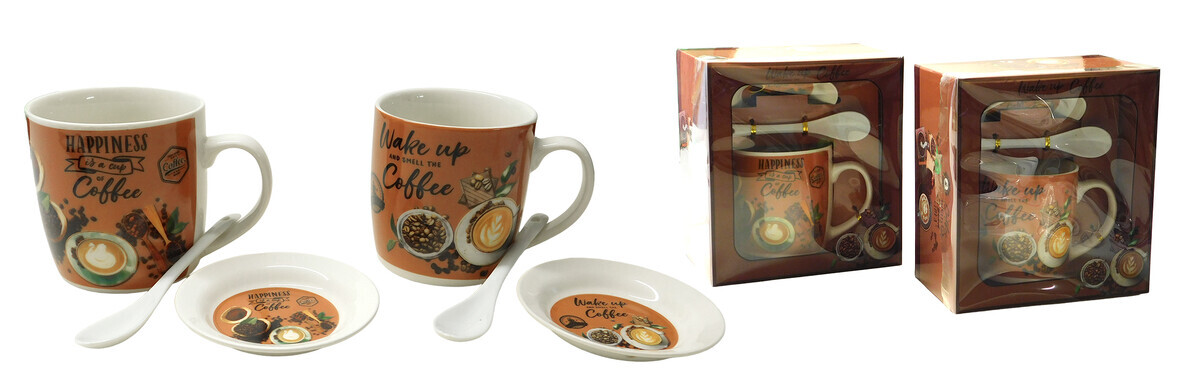MAKRO - Hrnček, lyžička a podšálka, keramický Coffee rôzne dekory