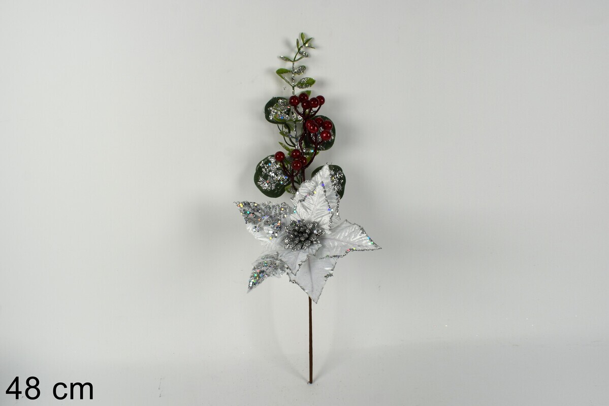 MAKRO - Vetvička / zápich vianočná 48cm, bielo – strieborno – červené farebné prevedenie