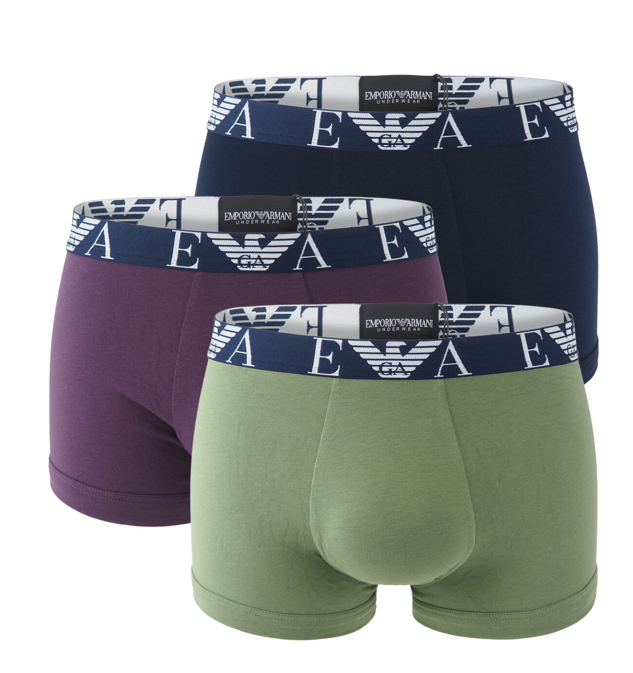 EMPORIO ARMANI - boxerky 3PACK stretch cotton oliva & marine combo