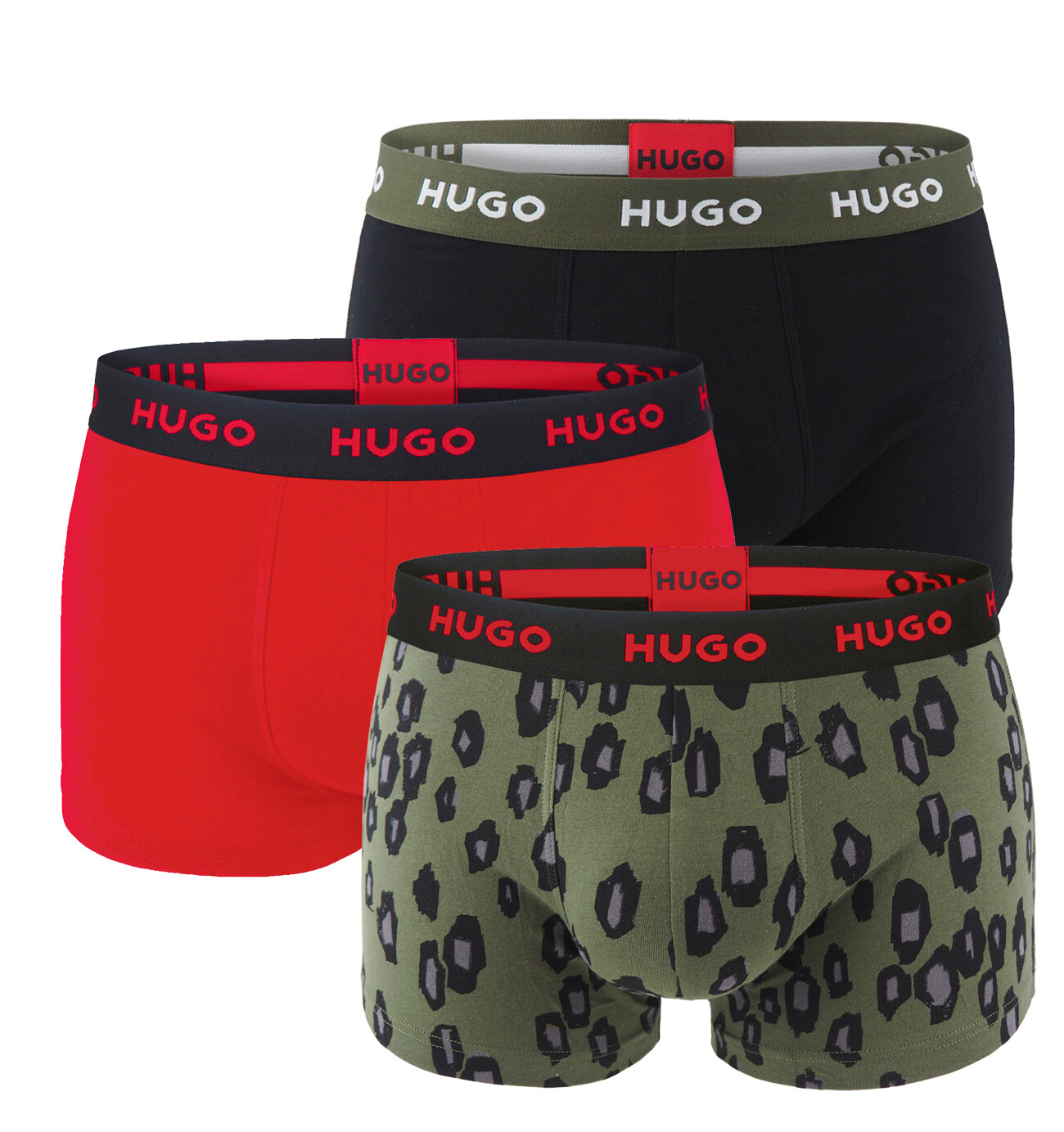HUGO - boxerky 3PACK cotton stretch modern print & dark green color combo