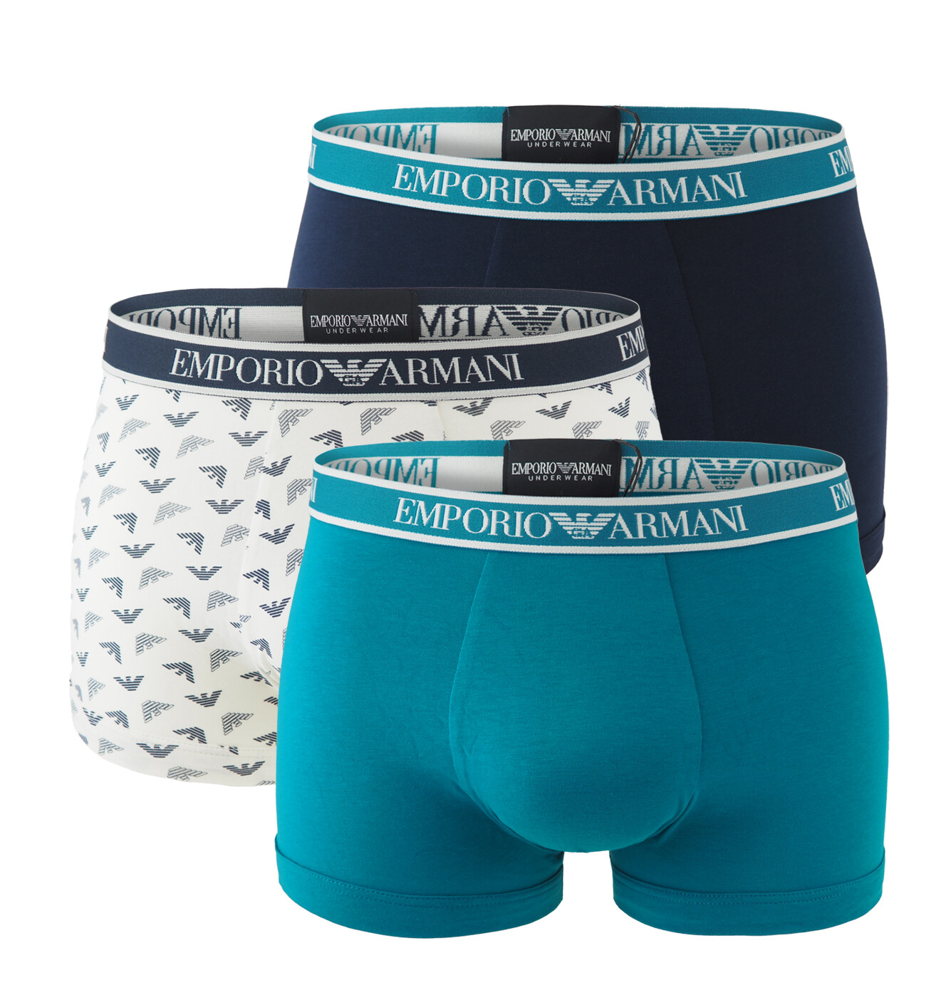 EMPORIO ARMANI - boxerky 3PACK stretch cotton corpo & turchese con logo Armani