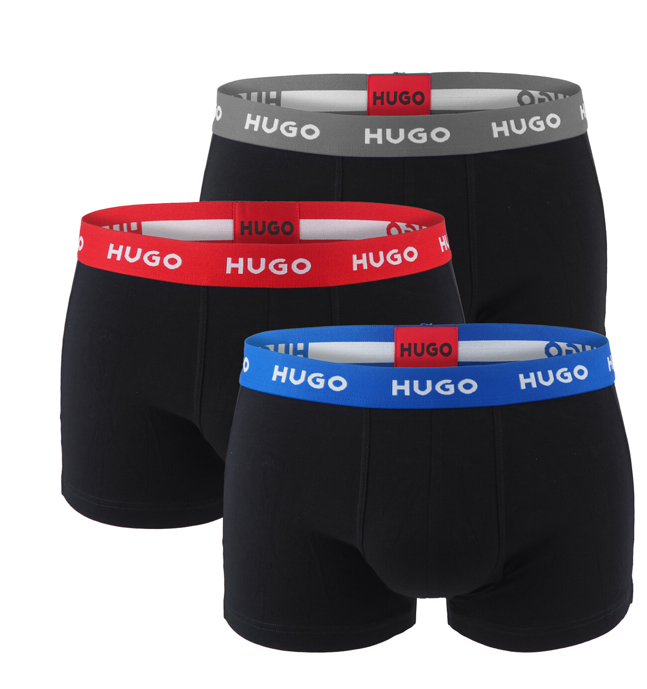 HUGO - boxerky 3PACK eco friendly cotton stretch black / modern gray & blue waist