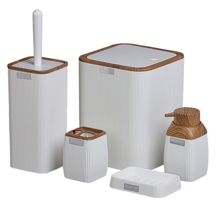 KONDELA Mirko Typ 2 sada kúpeľňových doplnkov (5 ks) biela / hnedá