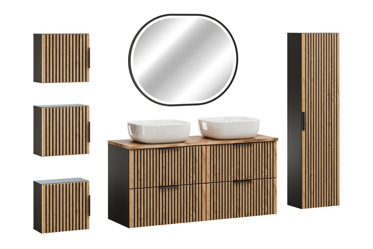 Koupelnová sestava Casad Nature Smile s deskou, skříňkami, umyvadly a LED zrcadlem 120 cm černá/dub wotan