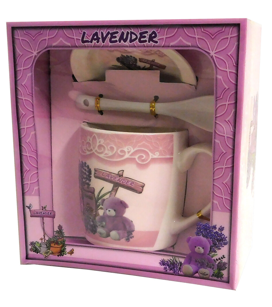 MAKRO - Hrnček 300ml, tanierik a lyžička levanduľa s medvedíkom