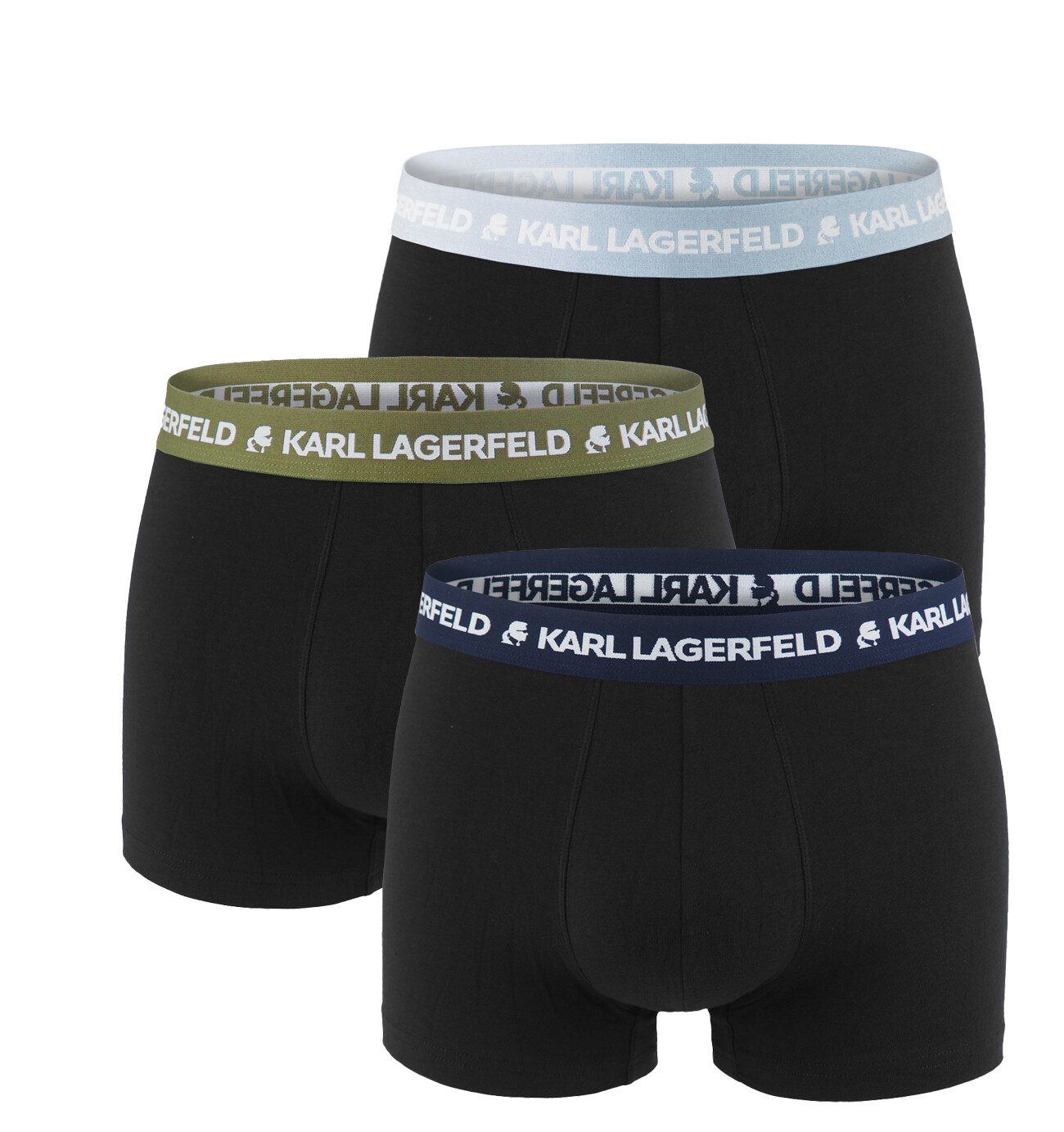 KARL LAGERFELD - boxerky 3PACK organic cotton logo LAGERFELD black with indigo & blu mood waist