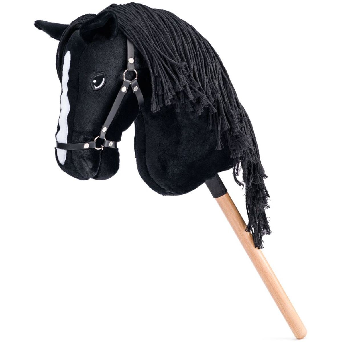 Hobby horse Cortez, čierny kôň na tyči, povrázková hriva