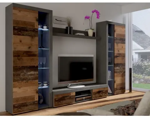 Obývacia stena Flamenco XL, vintage optika kovu/dreva%