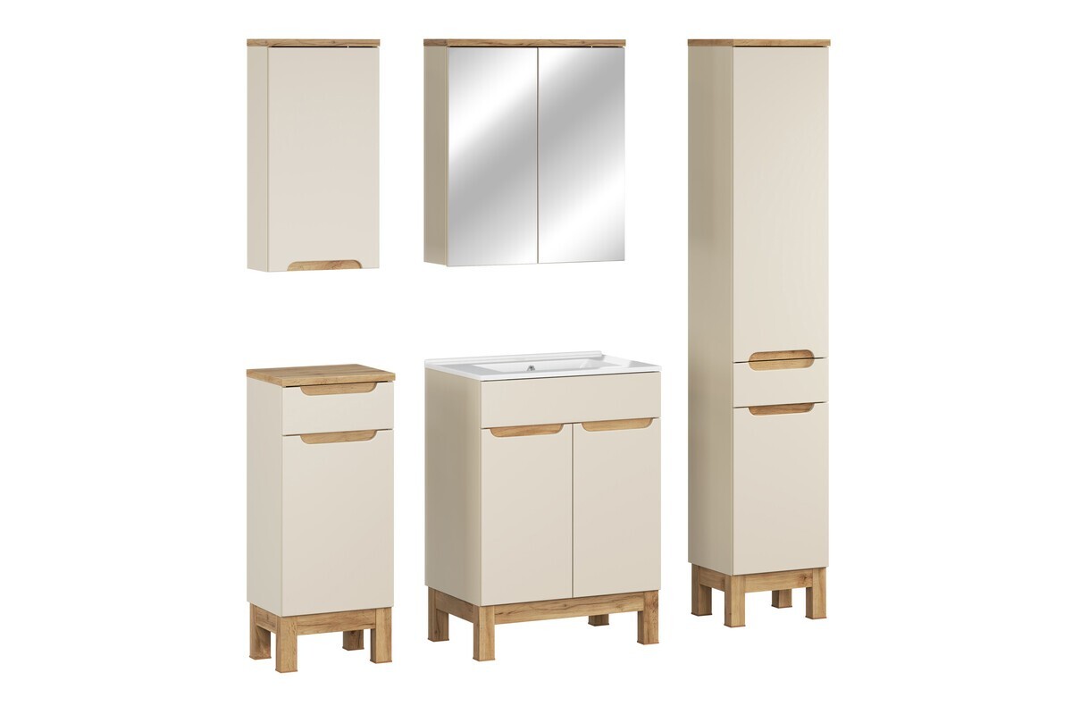 Koupelnová sestava Bali Lava se zápustným umyvadlem, skříňkami a zrcadlem 60 cm kašmírová/dub wotan