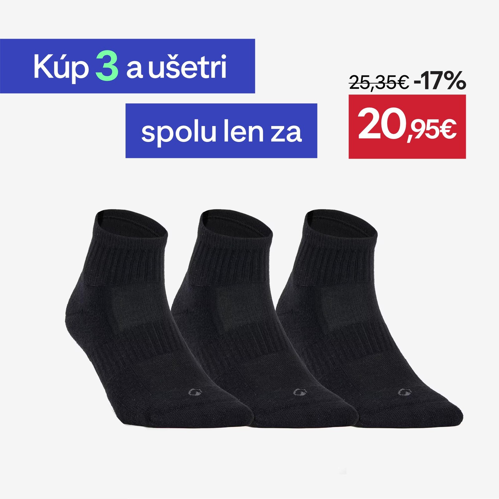 Športové ponožky RS500 stredne vysoké čierne 3 páry