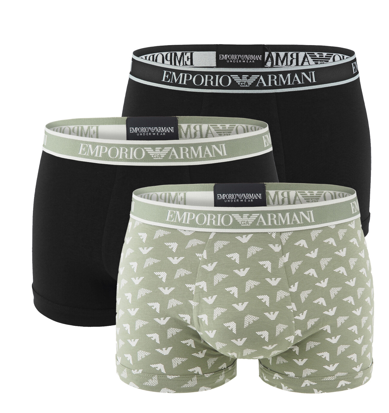 EMPORIO ARMANI - boxerky 3PACK stretch cotton nero & oliva con logo Armani