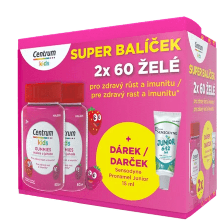 CENTRUM Kids gummies malina a jahoda želé s vitamínmi a minerálmi + darček zubná pasta set