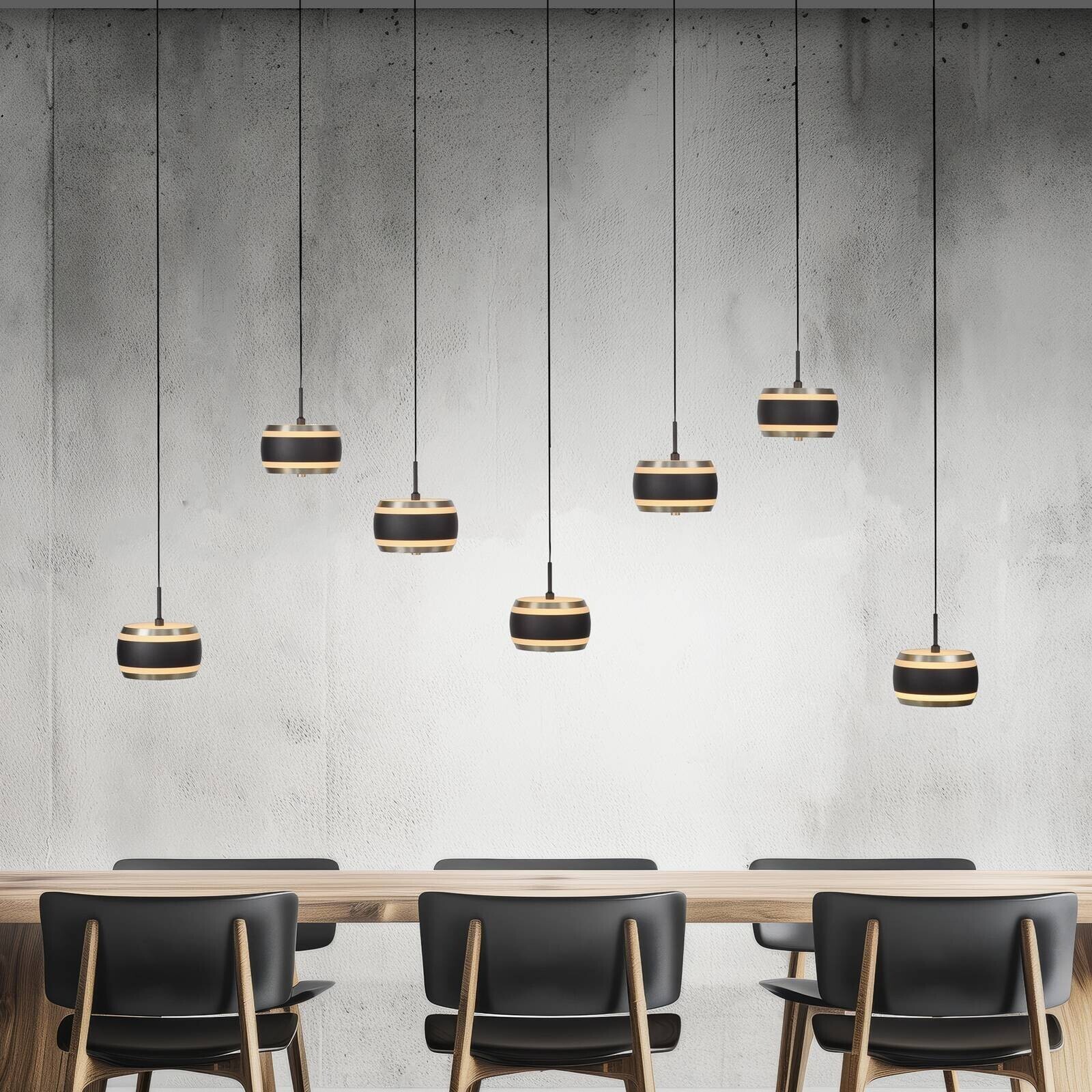 PURE LED závesné svietidlo Falling Rings čierna dĺžka 132 cm 7-pl.