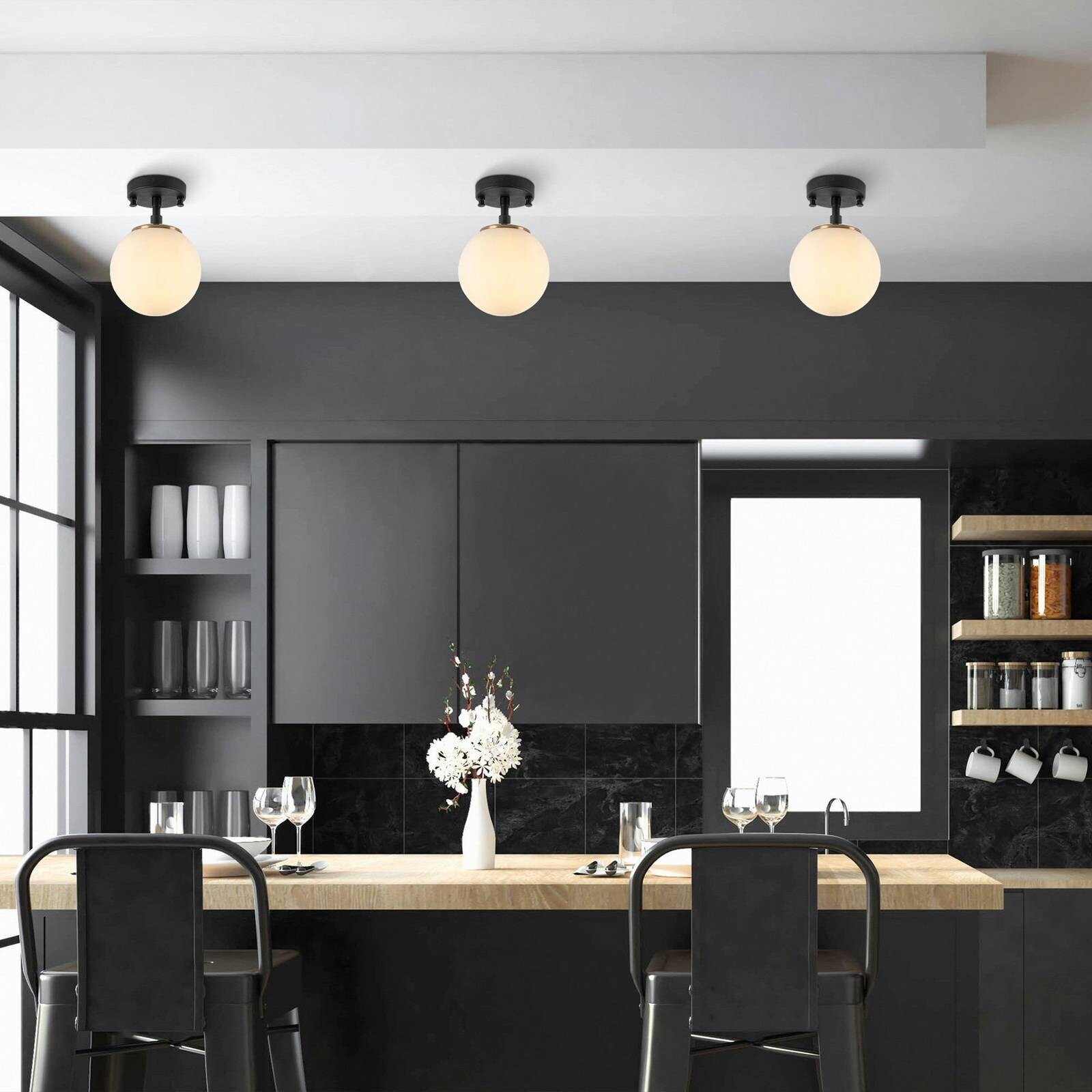 Stropné svietidlo Atmaca, 1-pl., čierne, sklo, Ø 15 cm