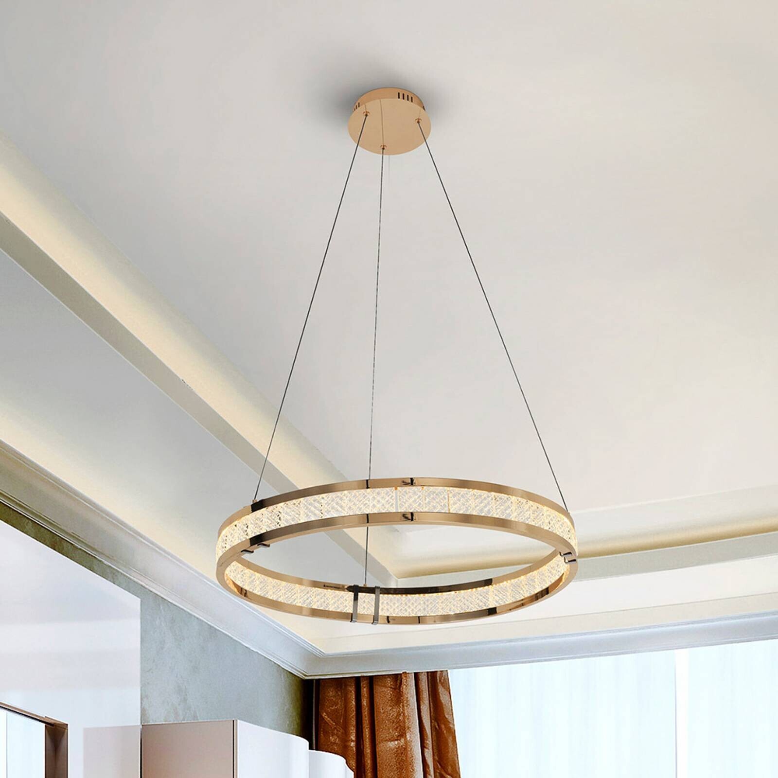 LED závesné svietidlo Lorian, zlatá farba, Ø 60 cm, kov