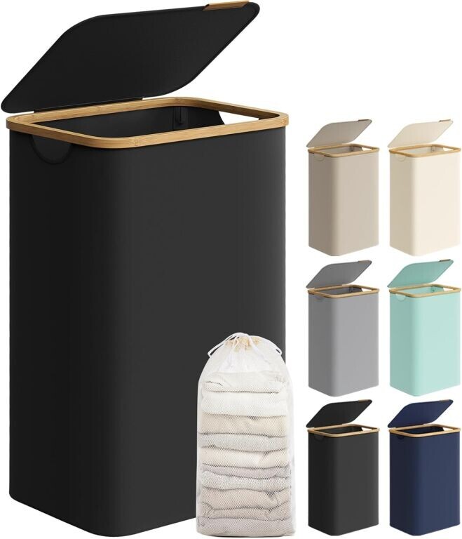 SONGMICS kôš na bielizeň s vekom 90L, čierny, skladací