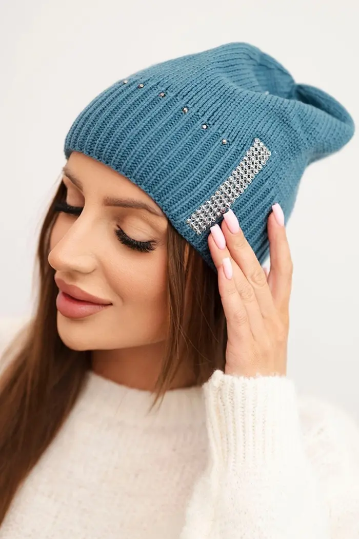 Kesi Dámska zimná vlnená čiapka s cyrkóniami K453 jeansová