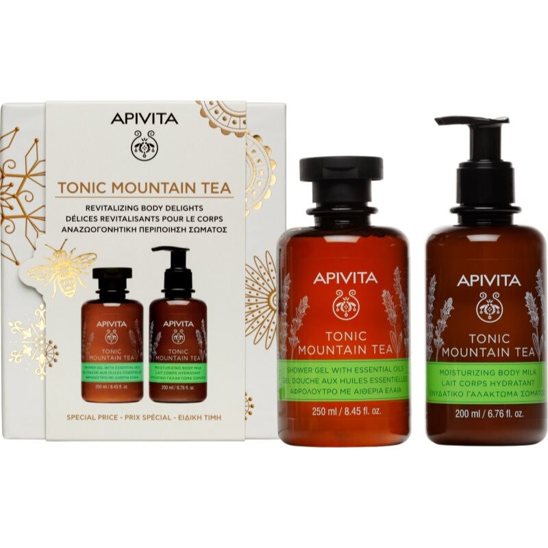 Apivita Tonic Mountain Tea Shower Gel & Body Milk Set darčeková sada pre rozjasnenie a hydratáciu