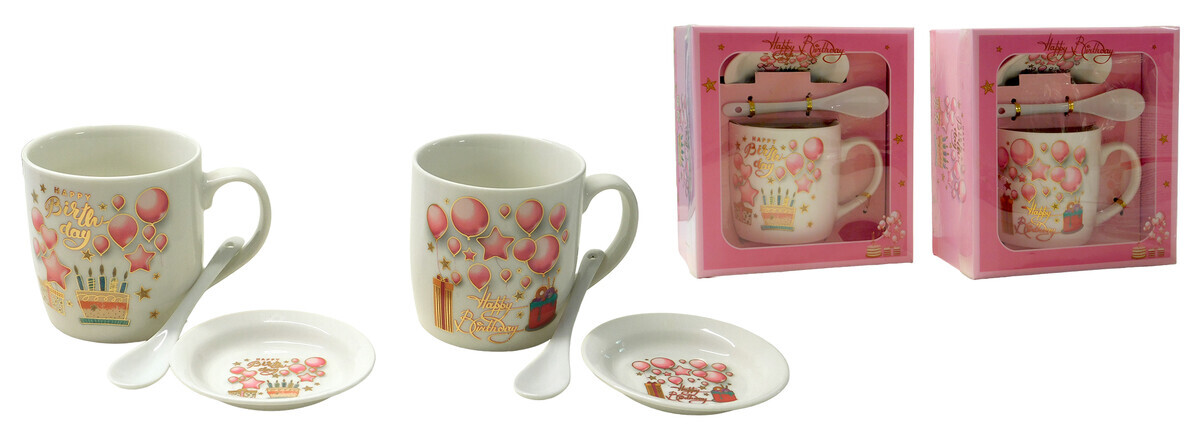 MAKRO - Hrnček, lyžička a podšálka, keramický narodeninový rôzne dekory