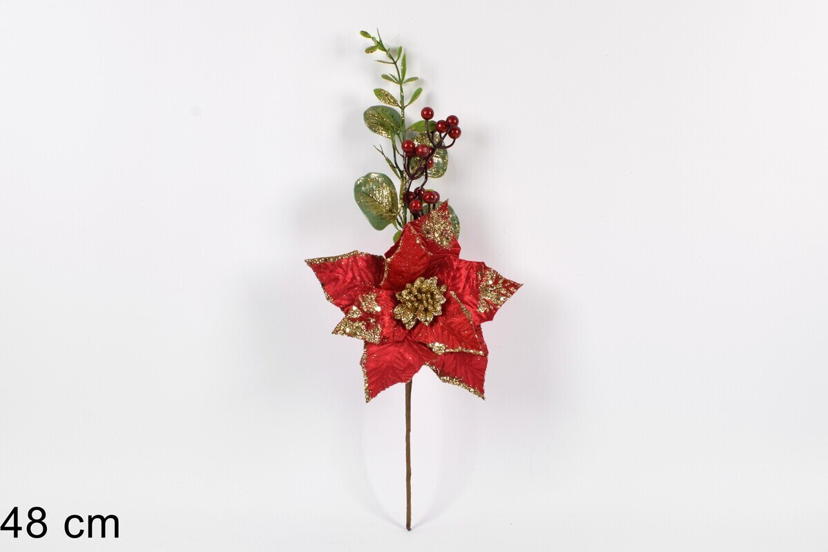 MAKRO - Vetvička / zápich vianočná 48cm, červeno – zlaté prevedenie