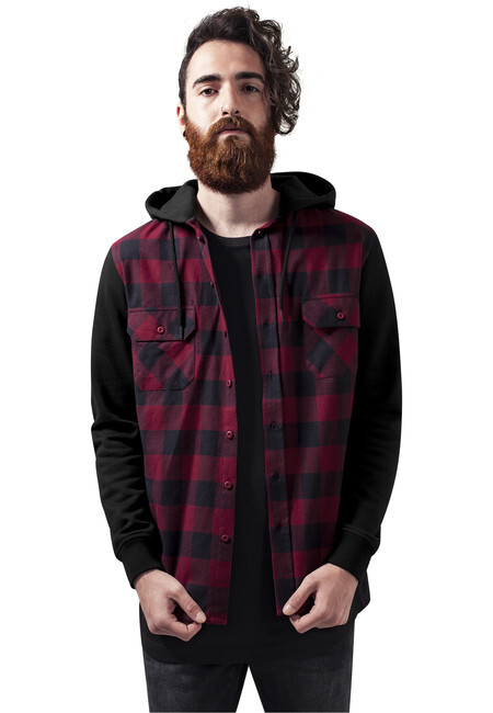 Urban Classics Hooded Checked Flanell Sweat Sleeve Shirt blk/burgundy/blk - M