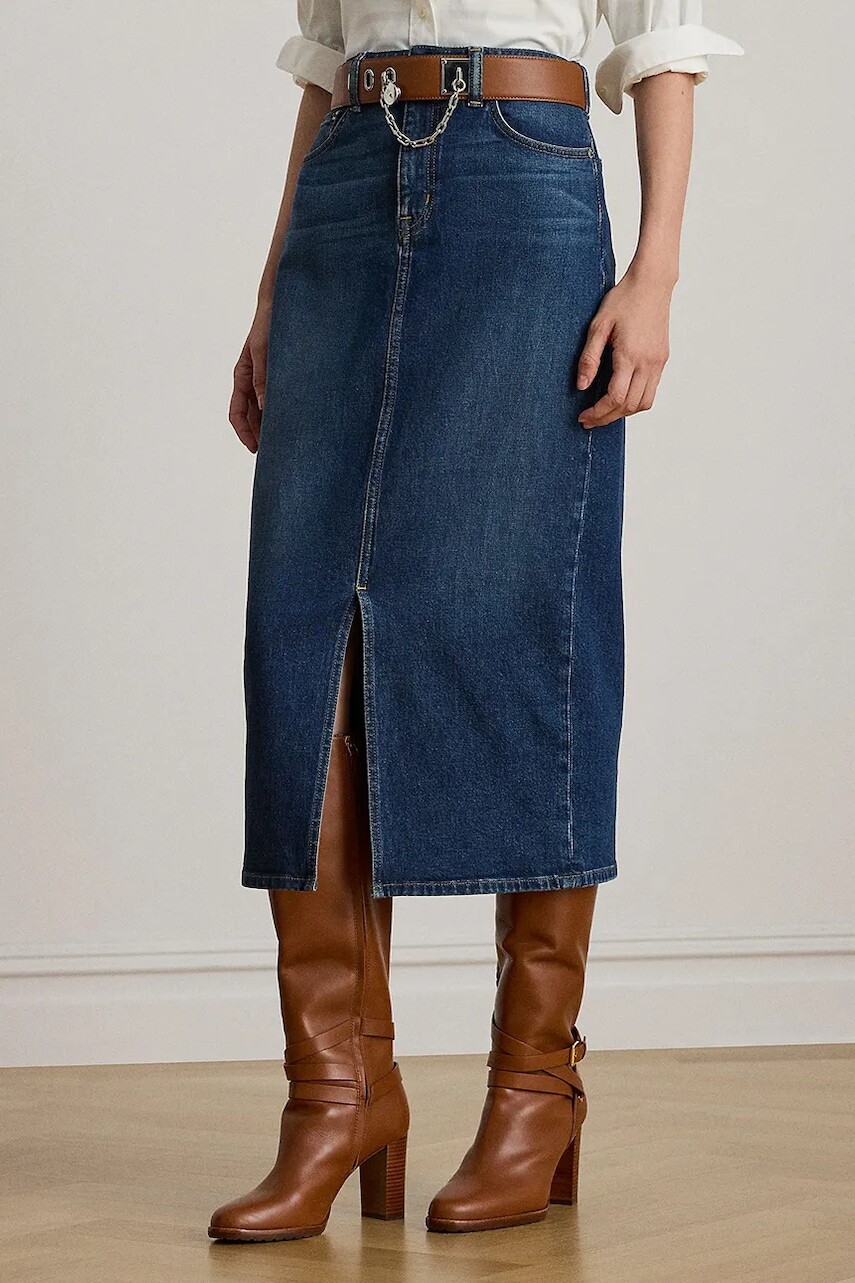 Rifľová sukňa Lauren Ralph Lauren tmavomodrá farba, midi, rovný strih, 200979973