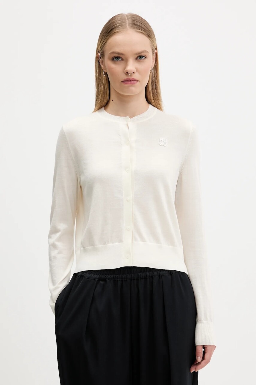 Vlnený kardigán HUGO béžová farba, ľahké, 50550984