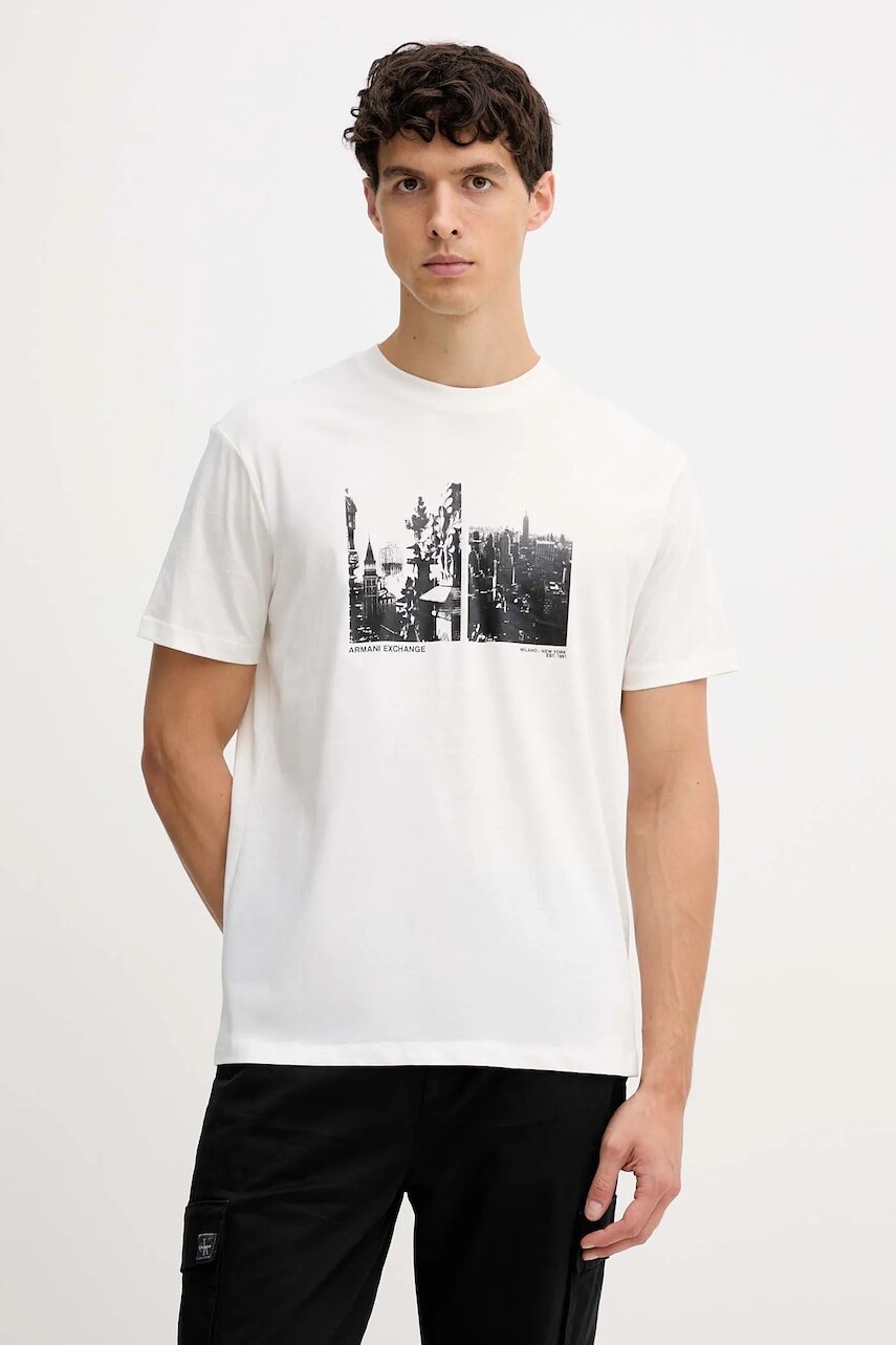Bavlnené tričko Armani Exchange pánske, biela farba, s potlačou, XM001461 AF10358