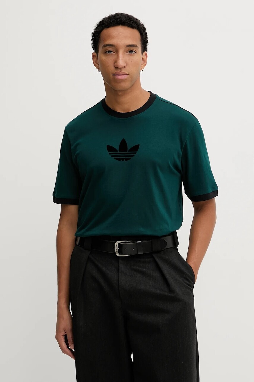 Bavlnené tričko adidas Originals Adicolor loose 2000s pánske, zelená farba, s nášivkou, JX1513