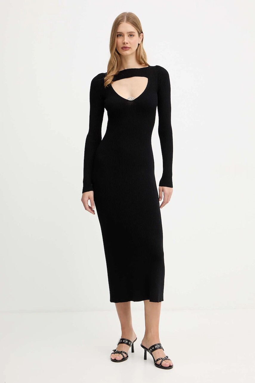 Vlnené šaty Diesel M-OLONI čierna farba, maxi, áčkový strih, A18905.0PLBF