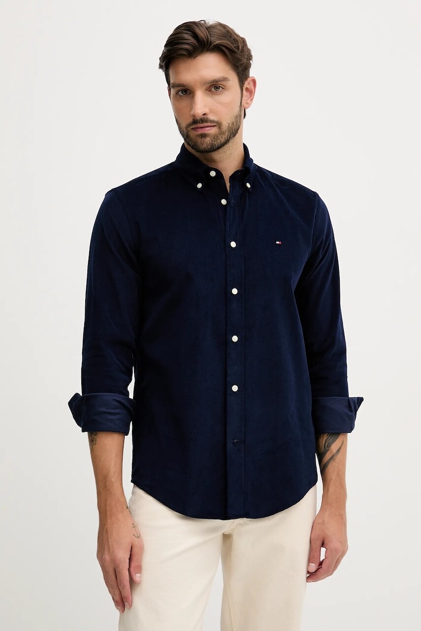 Menčestrová košeľa Tommy Hilfiger tmavomodrá farba, regular, s golierom button-down, MW0MW40486