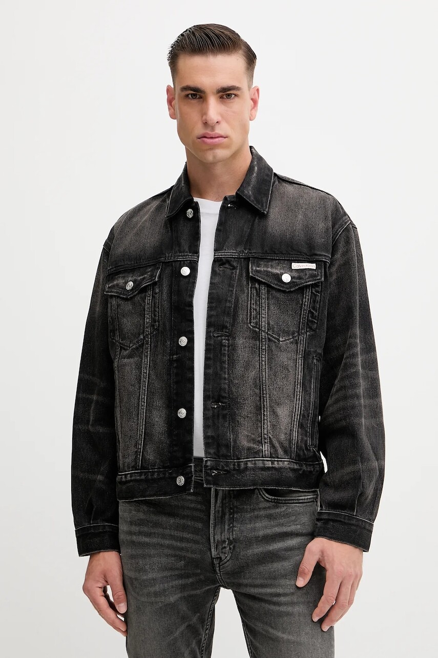 Rifľová bunda Calvin Klein Jeans čierna farba, prechodná, oversize, LV04RD707G