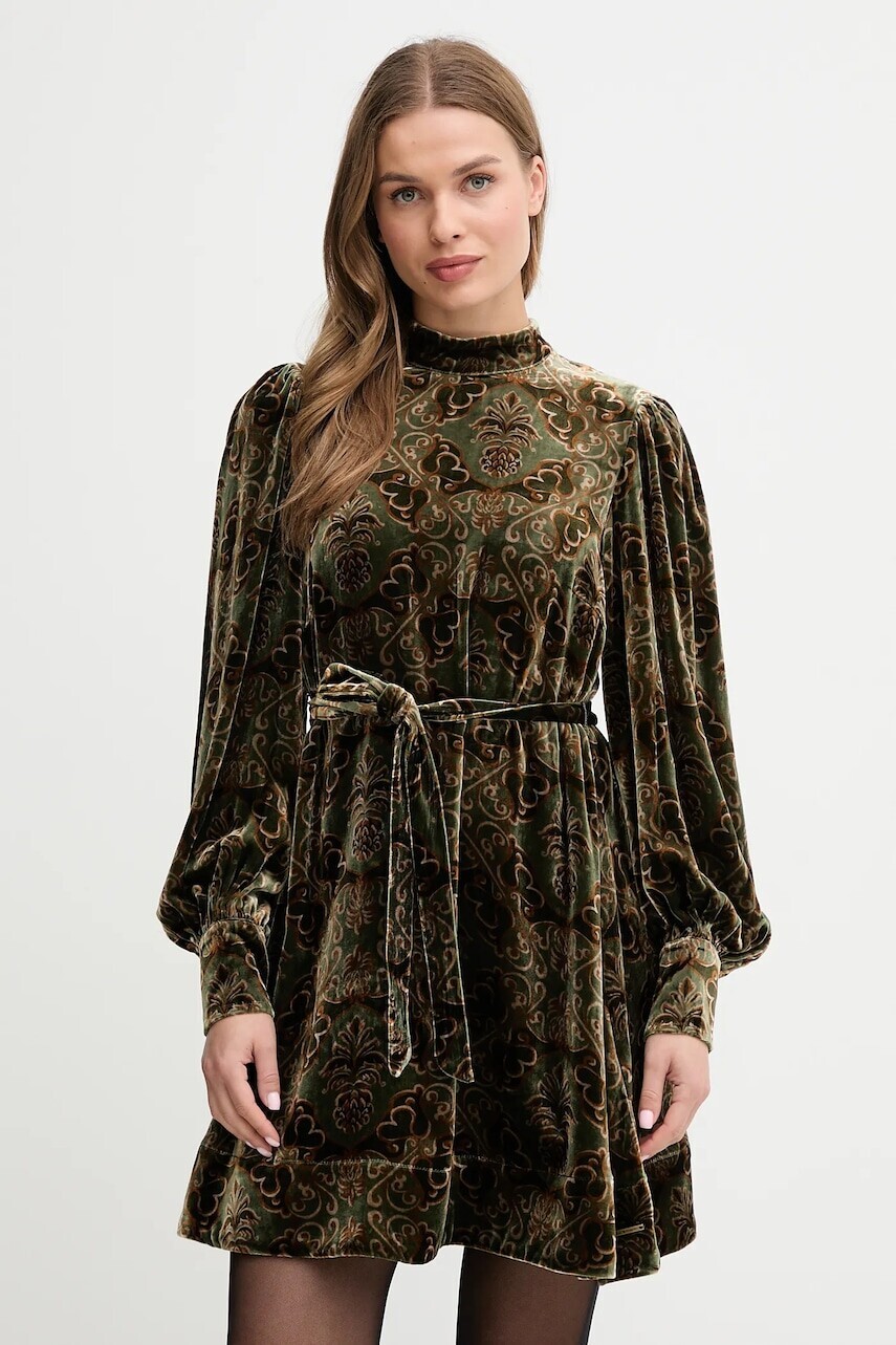 Šaty s prímesou hodvábu Barbour x Farm Rio zelená farba, mini, áčkový strih, LDR0959