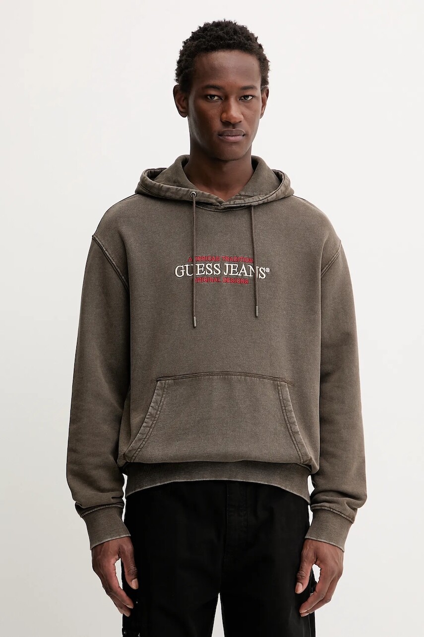Bavlnená mikina Guess Jeans hnedá farba, s kapucňou, s nášivkou, M5BQ33 KCPR1