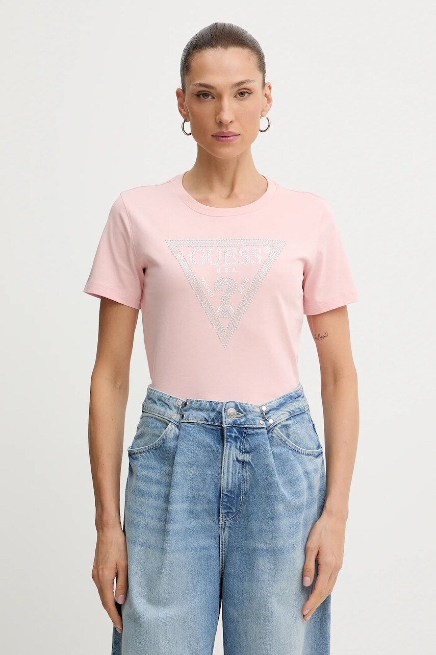 Bavlnené tričko Guess dámske, ružová farba, W5BI18 I3Z14