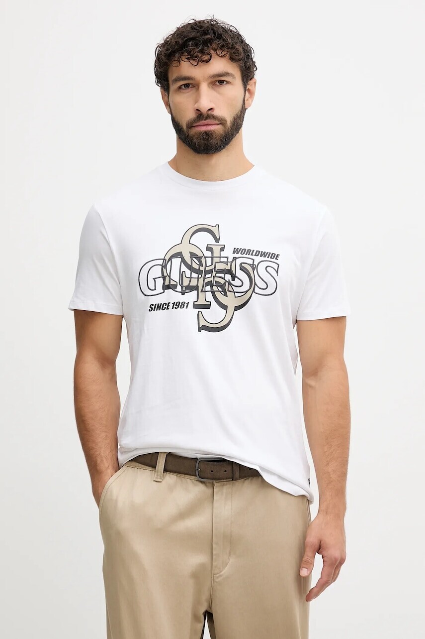 Bavlnené tričko Guess pánske, biela farba, s potlačou, M5BI72 I3Z14