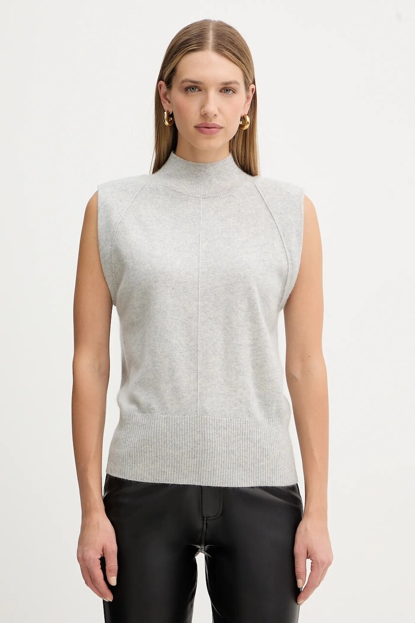 Kašmírová vesta BOSS šedá farba, ľahký, s polorolákom, 50548506