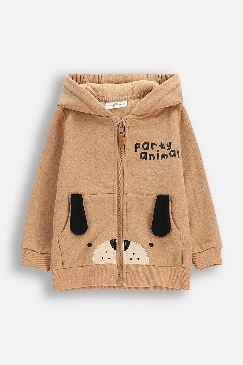 Mikina pre bábätká Coccodrillo hnedá farba, s kapucňou, s nášivkou, BUDDIES BOY NEWBORN