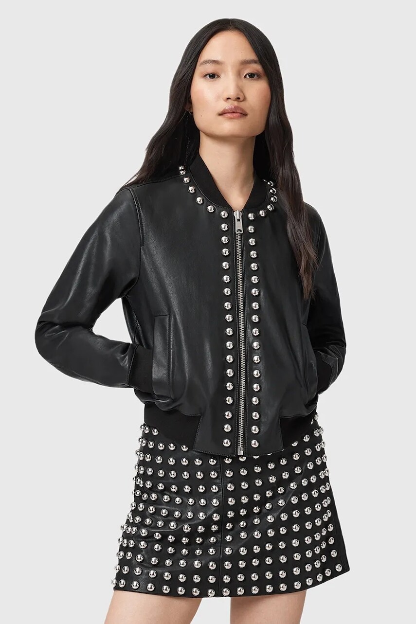 Kožená bunda AllSaints ORTEN čierna farba, prechodná, W032LD