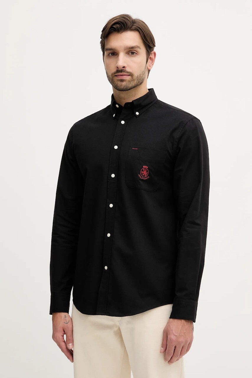 Bavlnená košeľa Tommy Hilfiger čierna farba, regular, s klasickým golierom, MW0MW40890