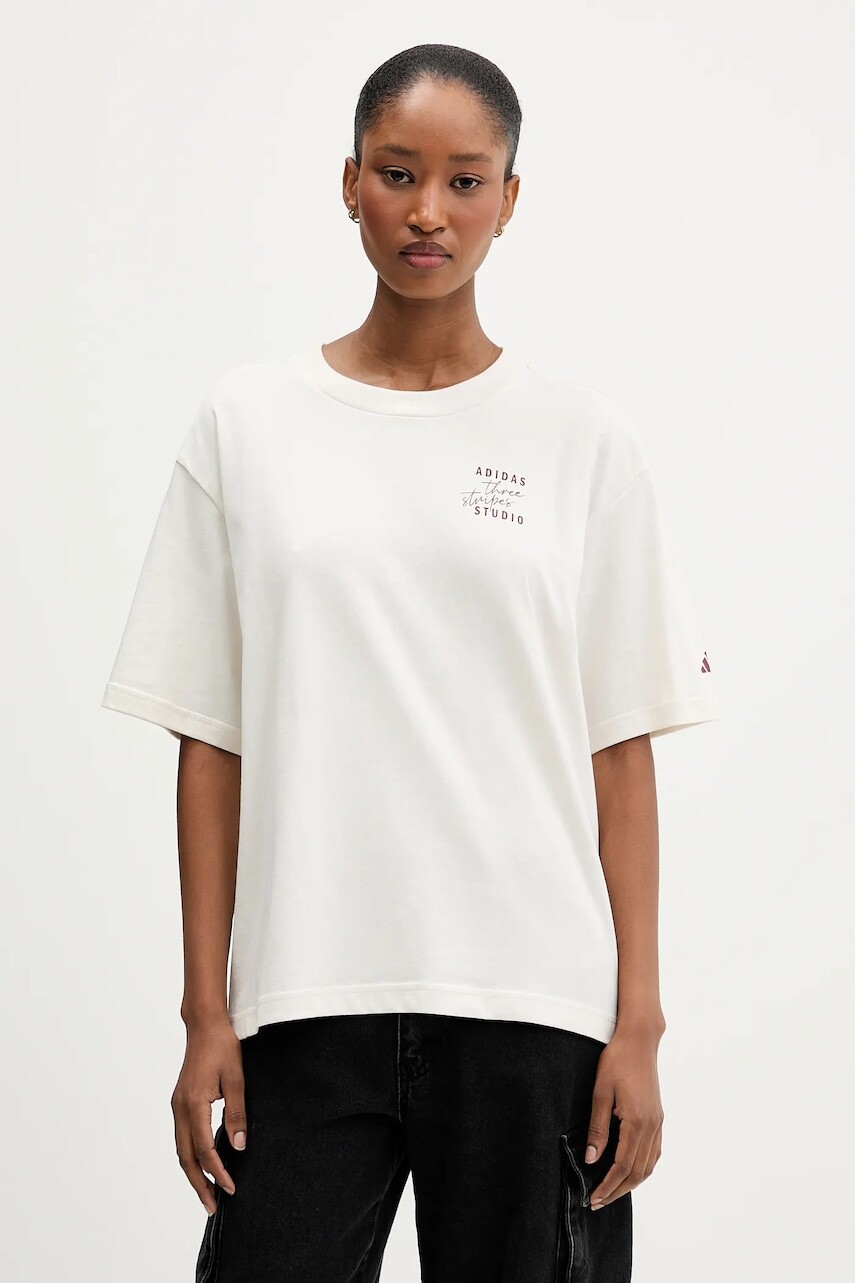 Bavlnené tričko adidas dámske, béžová farba, KT3275