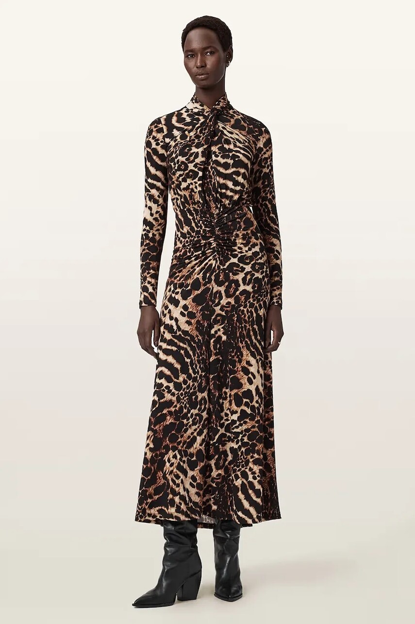 Šaty AllSaints hnedá farba, maxi, áčkový strih, W206DD