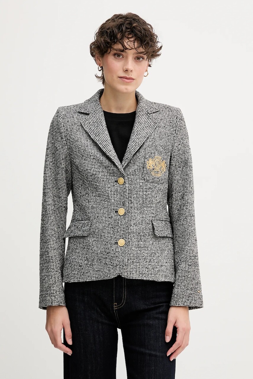 Bunda s prímesou vlny Tommy Hilfiger čierna farba, jednoradová, vzorovaná, WW0WW48786