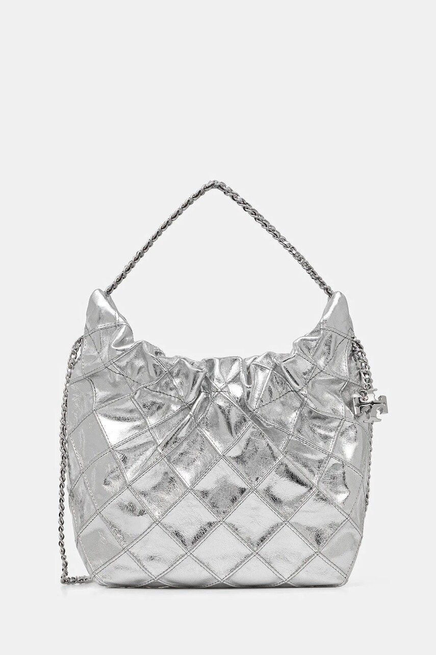 Kožená kabelka Tory Burch Fleming strieborná farba, 176040-040