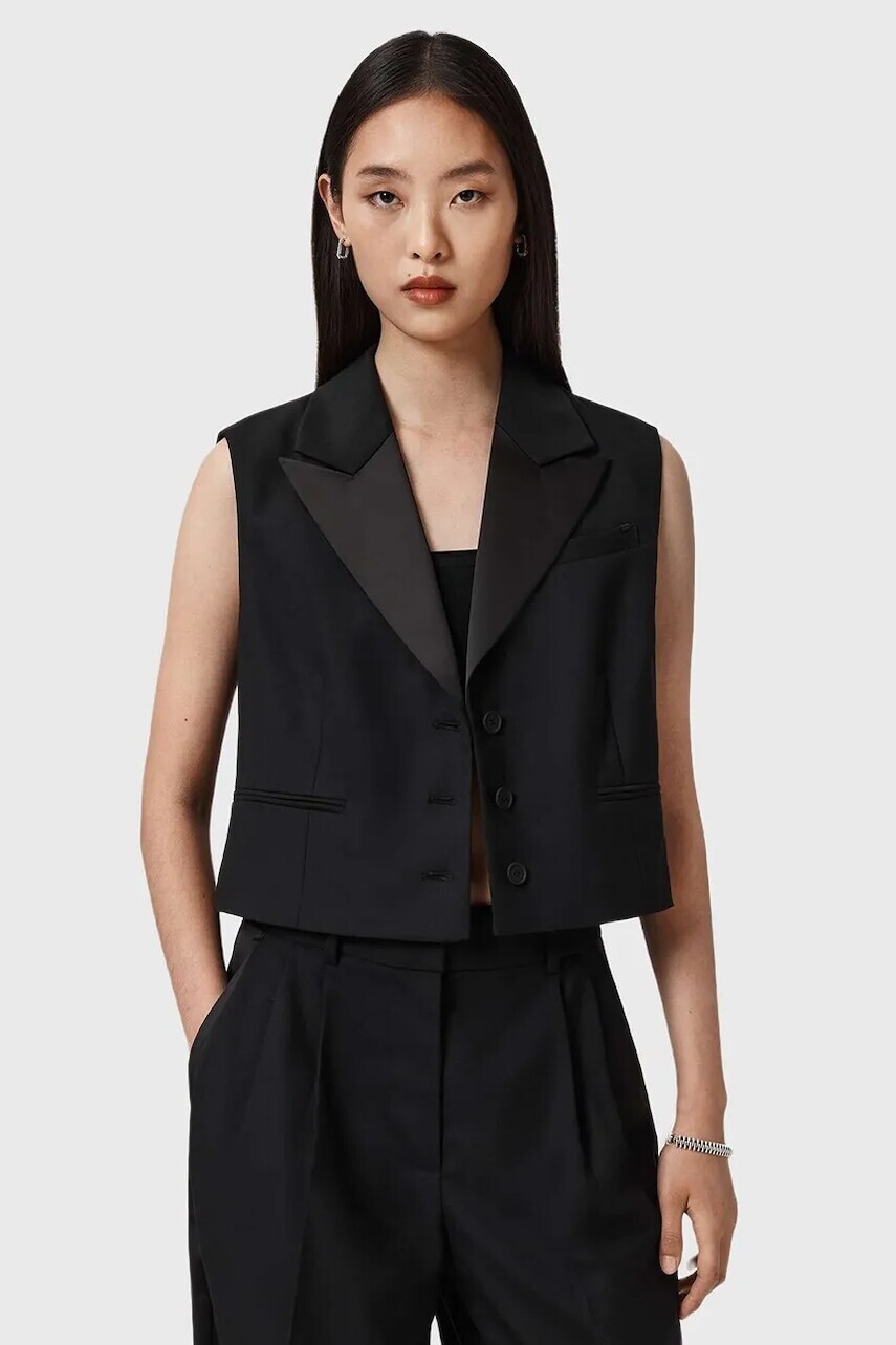 Vesta s prímesou vlny AllSaints čierna farba, jednoradová, W053QD