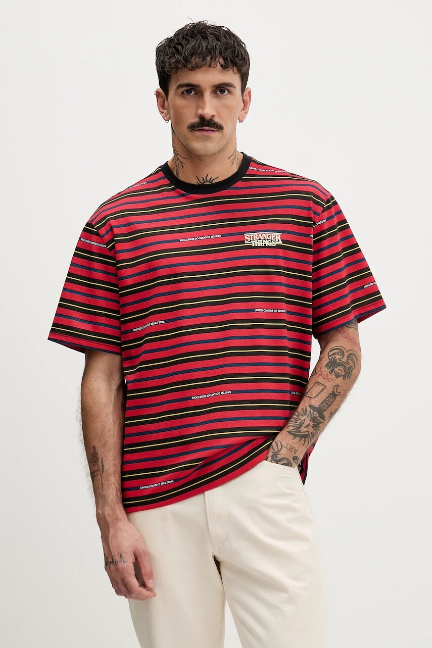 Bavlnené tričko United Colors of Benetton x Stranger Things červená farba, vzorované, 3LQMU10BC