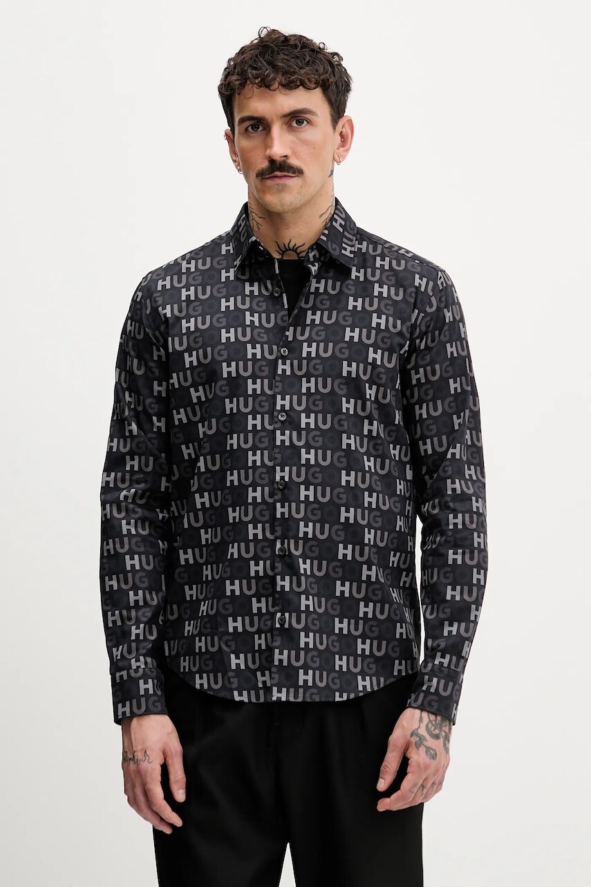 Bavlnená košeľa HUGO čierna farba, regular, s klasickým golierom, 50555775