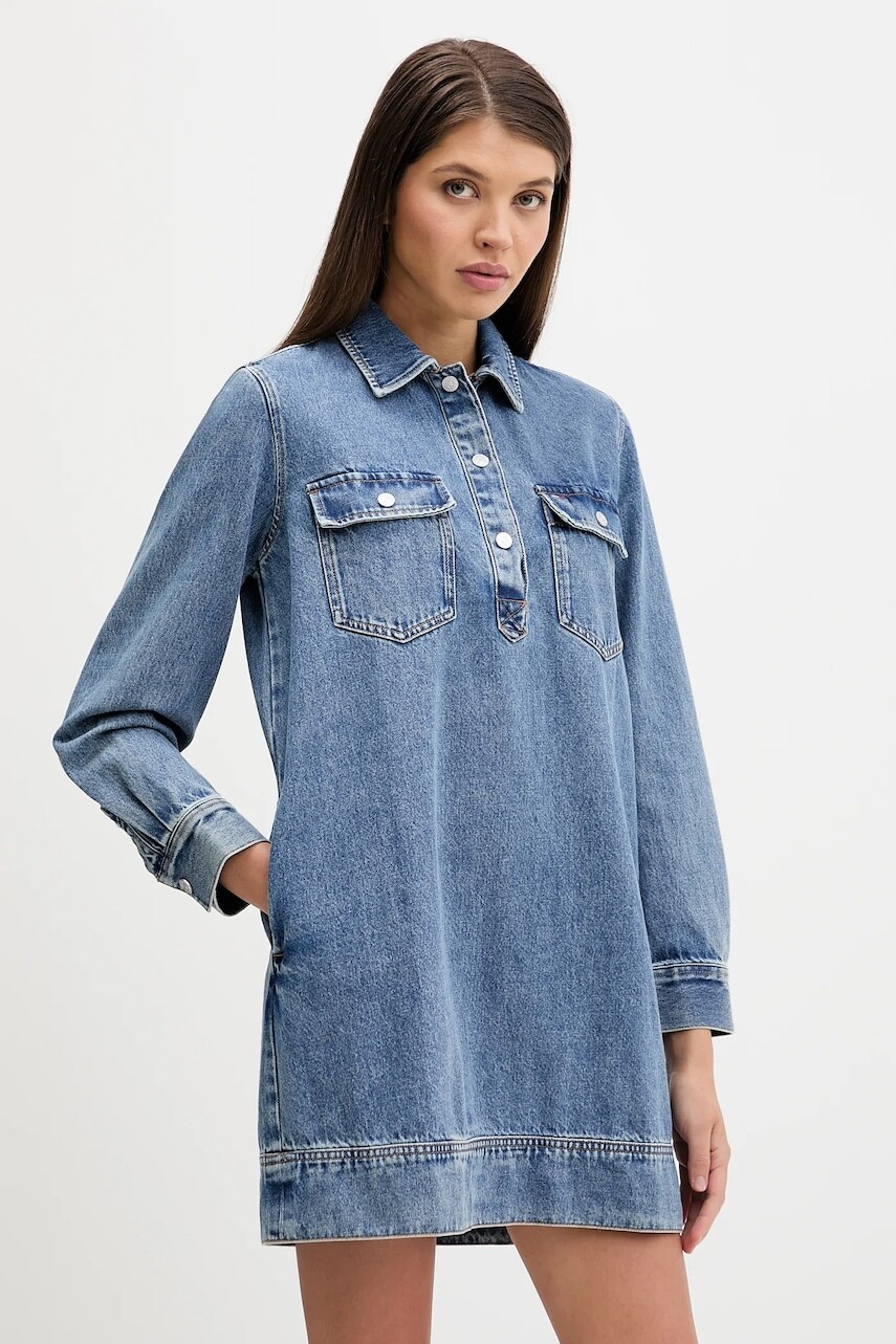 Rifľové šaty Tommy Jeans tmavomodrá farba, mini, rovný strih, DW0DW22077